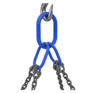 Blue oblong master link with two blue sub links connected to grey chain legs on white background