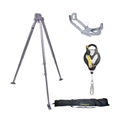 Tripod kit with metal tripod stand, mounting bracket, fall arrester device and black carry bag