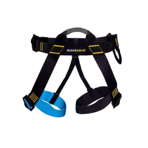 Ridgegear RGH12 approach sit climbing harness with black straps, yellow stitching and blue leg loop padding