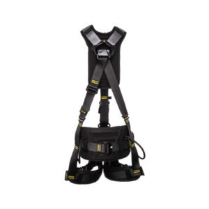 RGH15 work positioning comfort harness with padded waist belt and leg loops in black with yellow stitching