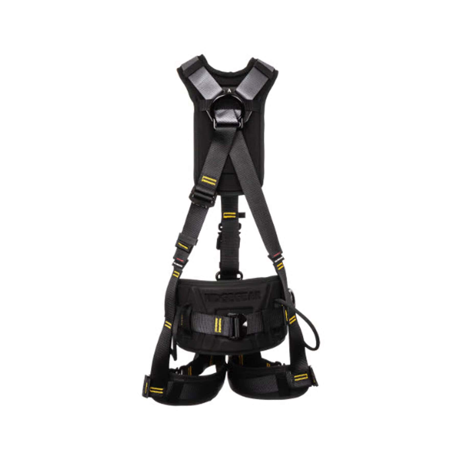 RGH15 work positioning comfort harness with padded waist belt and leg loops in black with yellow stitching