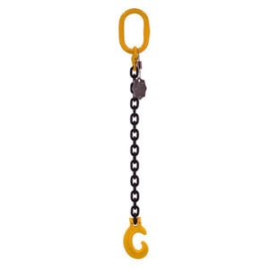16mm single leg chain sling with yellow master link and hook on black chain against white background