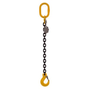 16mm single leg chain sling with yellow master link and hook on black chain isolated on white background