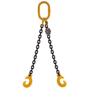 7mm two leg chain sling with orange master link and hooks on black chain legs