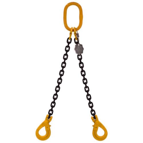 7mm two leg chain sling with yellow master link and two yellow safety hooks on black chain legs