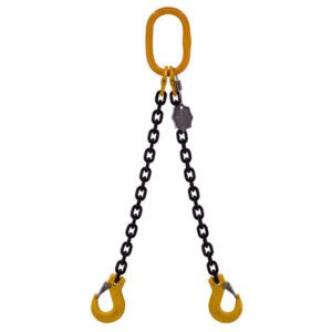 7mm two leg chain sling with black chain, yellow master link and two safety hooks isolated on white background
