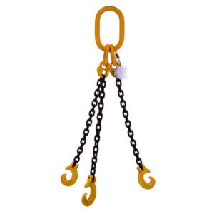 7mm three leg chain sling with yellow master link and hooks and black chains on white background