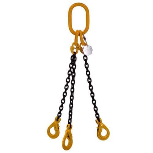 7mm three leg chain sling with yellow master link and hooks and black chains on white background