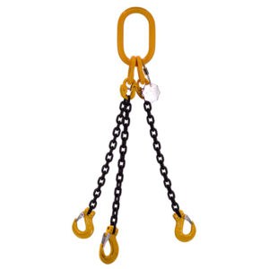 7mm three leg chain sling with yellow master link and hooks and black chains on white background
