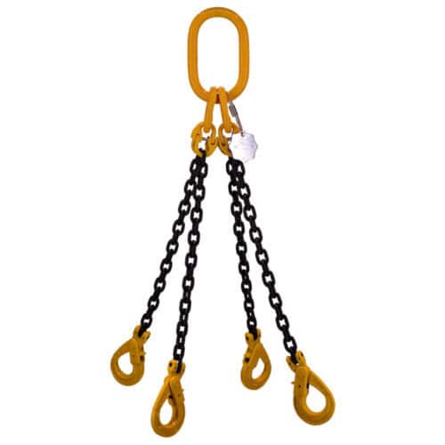 7mm four leg chain sling with yellow master link and four yellow safety hooks on black chains