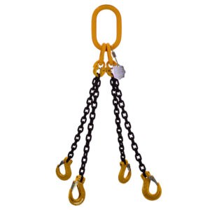 7mm four leg chain sling with yellow master link and four hooks on black chains