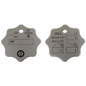 Pair of grade 8 chain sling ID tags with WLL and leg size markings on grey metal plates