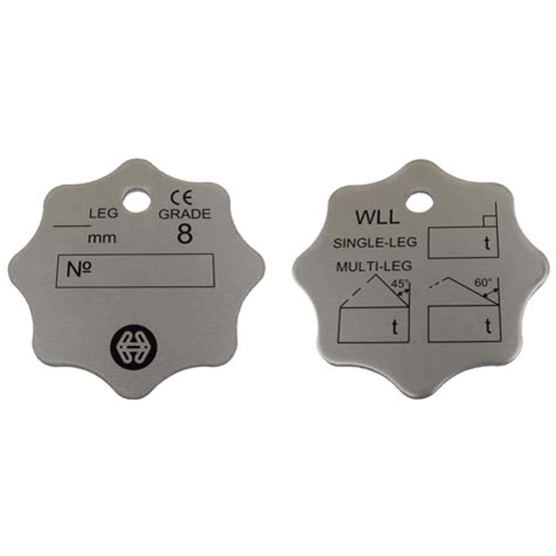 Pair of grade 8 chain sling ID tags with WLL and leg size markings on grey metal plates