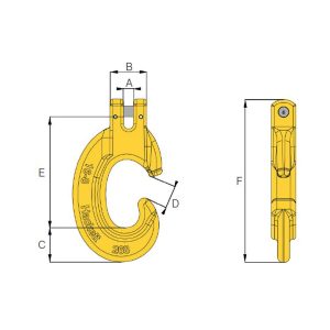 Technical drawing of HACK8 clevis C hook with front and side views and labelled dimensions A to F