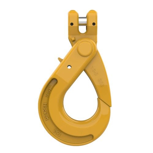 Yellow HACK8 clevis self locking hook with safety latch isolated on white background