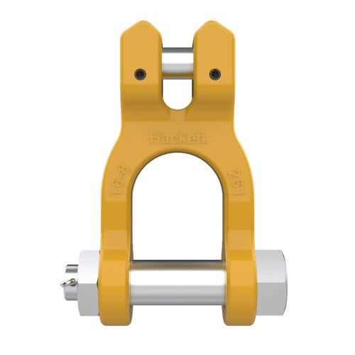 Yellow HACK8 clevis shackle with silver pin and bolt ends isolated on white background