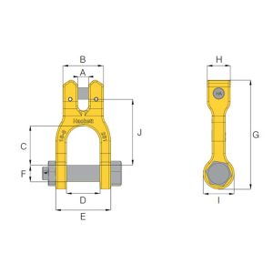 HACK8 clevis shackle dimension diagram showing front and side views with labelled measurements