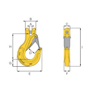 HACK8 clevis sling hook with latch technical drawing showing side and front views with labelled dimensions