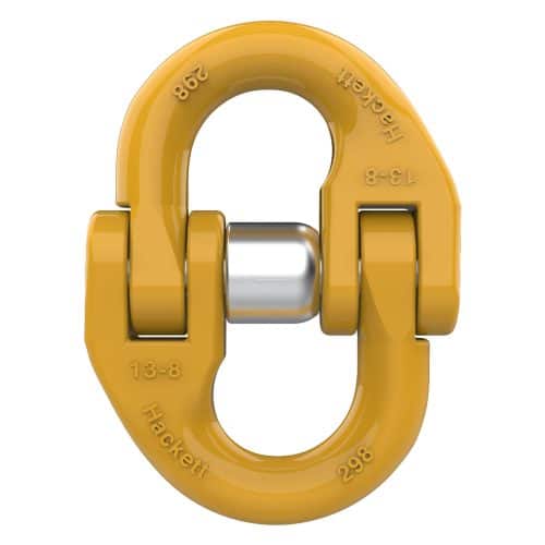 Yellow HACK8 connecting link with silver pin on white background
