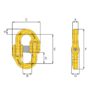 HACK8 connecting link technical drawing showing front and side views with labelled dimensions A to H