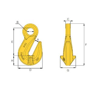 Technical drawing of HACK8 yellow eye shortening grab hook with labelled dimensions and side view
