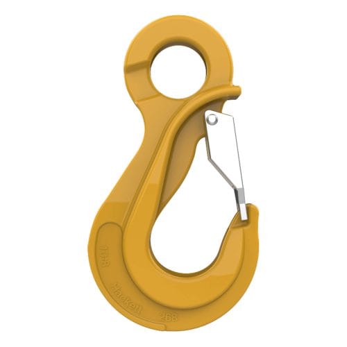 HACK8 yellow eye sling hook with latch and safety catch on white background