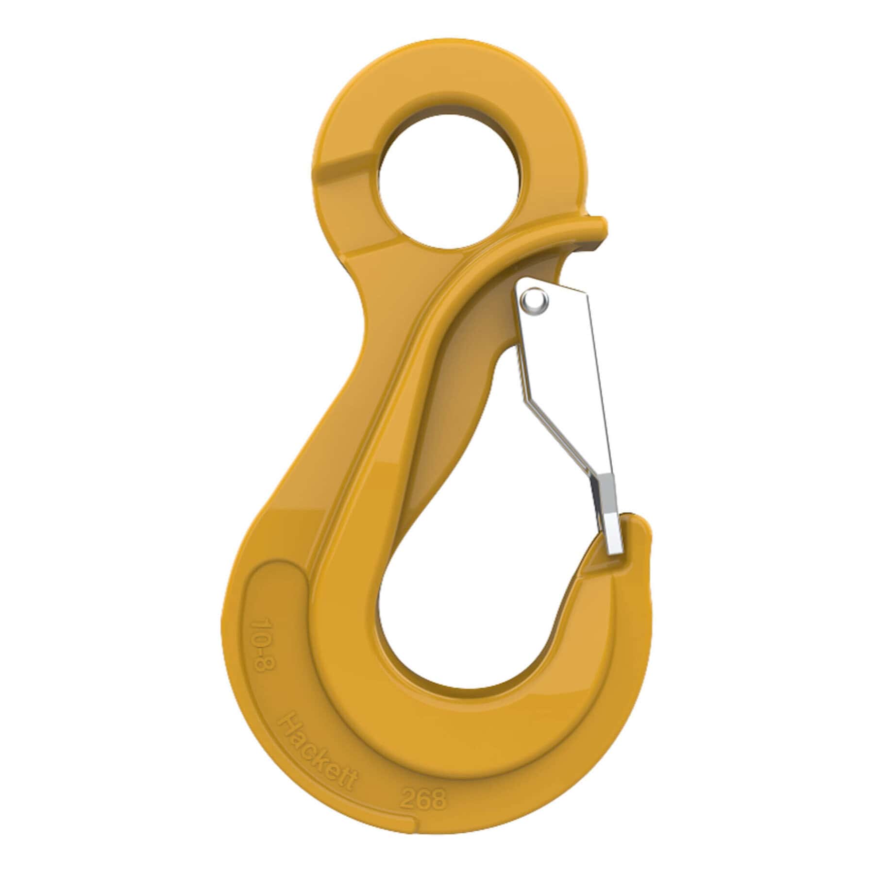 HACK8 yellow eye sling hook with latch and safety catch on white background
