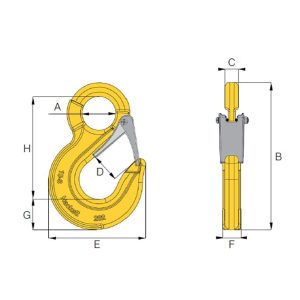 Technical drawing of HACK8 eye sling hook with latch showing labelled dimensions and side view