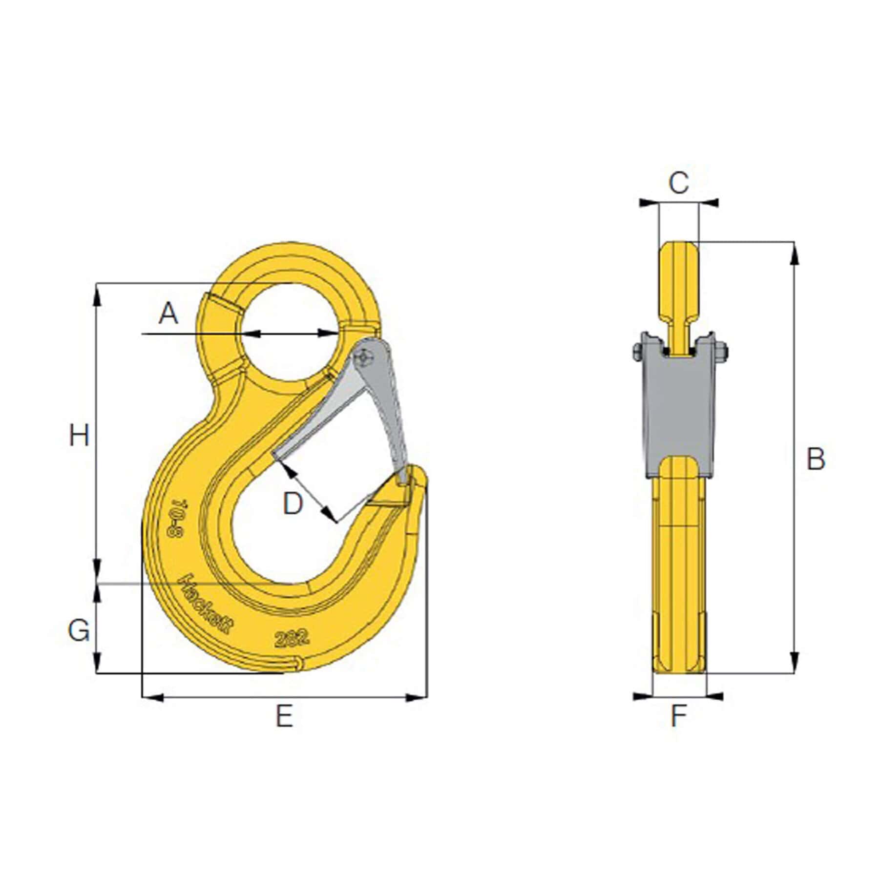 Technical drawing of HACK8 eye sling hook with latch showing labelled dimensions and side view