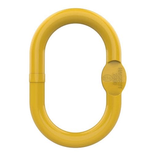 Yellow HACK8 master link connector with oval shape and side locking section isolated on white background