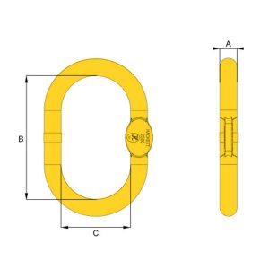 Technical drawing of HACK8 master link with oval profile and dimensions A, B and C shown