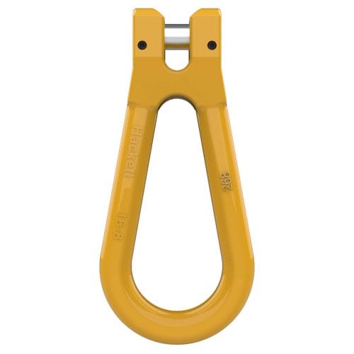 HACK8 yellow clevis reevable egg link with pin and forged markings on white background