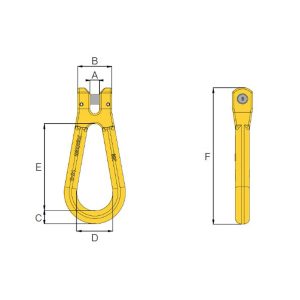HACK8 clevis reevable egg link technical drawing with front and side views and labelled dimensions