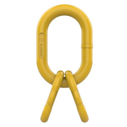 Yellow master link sub assembly with oval link and two pin ends on a white background