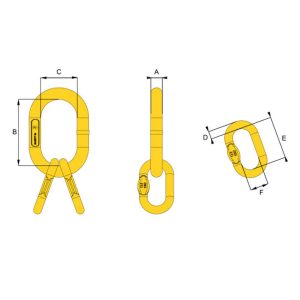 HACK8 master link sub assembly diagram showing yellow oval link with dimension lines and labels A to F