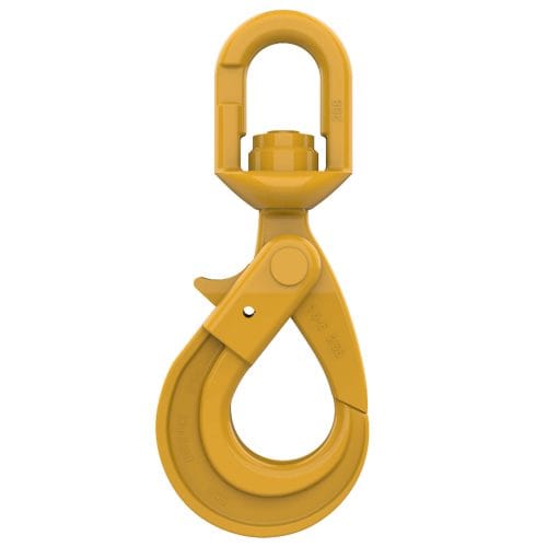 HACK8 yellow swivel self locking hook with ball bearing and safety latch isolated on white background