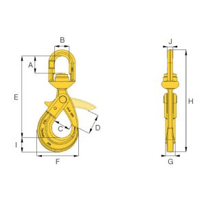 HACK8 swivel self locking hook with ball bearing technical drawing showing front and side dimensions labelled A to J