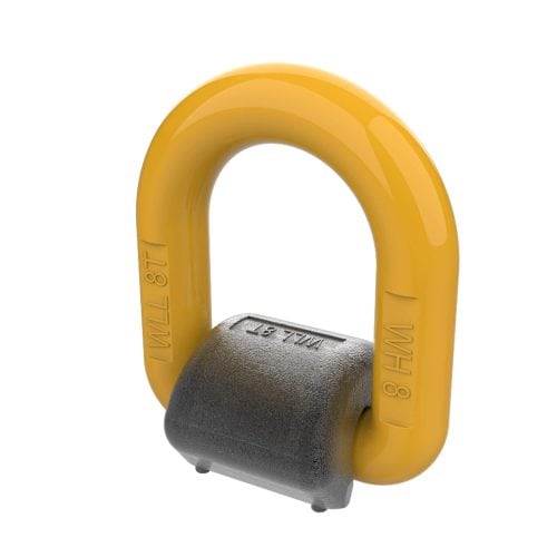 Yellow weld on pivoting D link with grey base and 8T WLL markings on white background