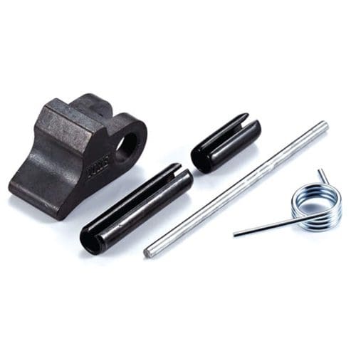 HACK8 spare trigger kit parts with trigger, pins, metal rod and coil spring on white background