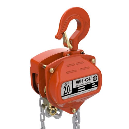 WH C4 manual chain hoist with red housing, top hook and 2.0 t capacity label
