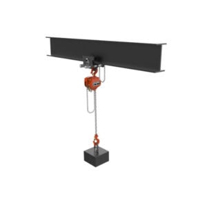 WH C4 chain hoist mounted on an I beam trolley lifting a metal block with chain and hook