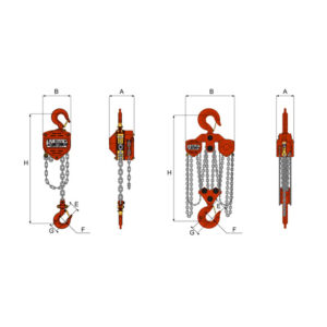 WH C4 chain hoist dimension diagram showing front and side views with labelled measurements and hooks