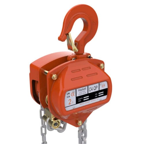 WH C4 chain hoist with red housing, top hook and hanging load chain on white background