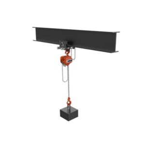 WH C4 chain hoist mounted on an I beam with a hanging chain and hook lifting a square load block