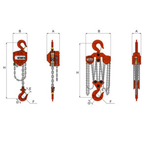 WH C4 chain hoist dimension diagram showing front and side views with labelled measurements and hooks