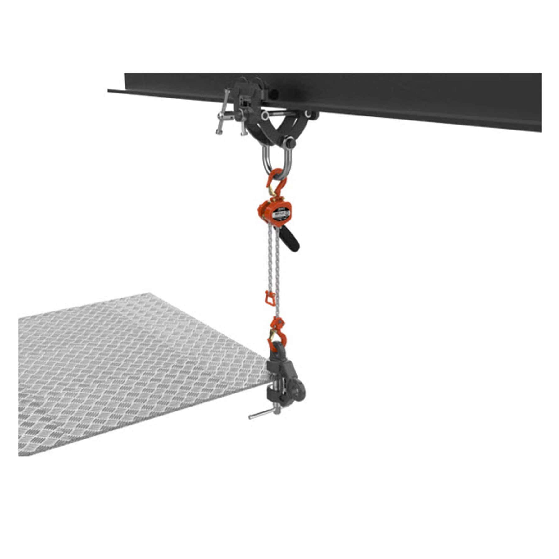William Hackett L4 compact lever hoist with chain and hooks lifting a metal plate from an overhead beam
