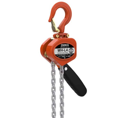William Hackett WH-L4 compact lever hoist with red hook and housing, black handle and hanging chain