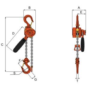 William Hackett L4 compact lever hoist dimension diagram with top hook, chain, handle and labelled measurements