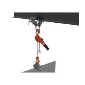 William Hackett L4 lever hoist with chain and hooks attached between a beam clamp and load clamp