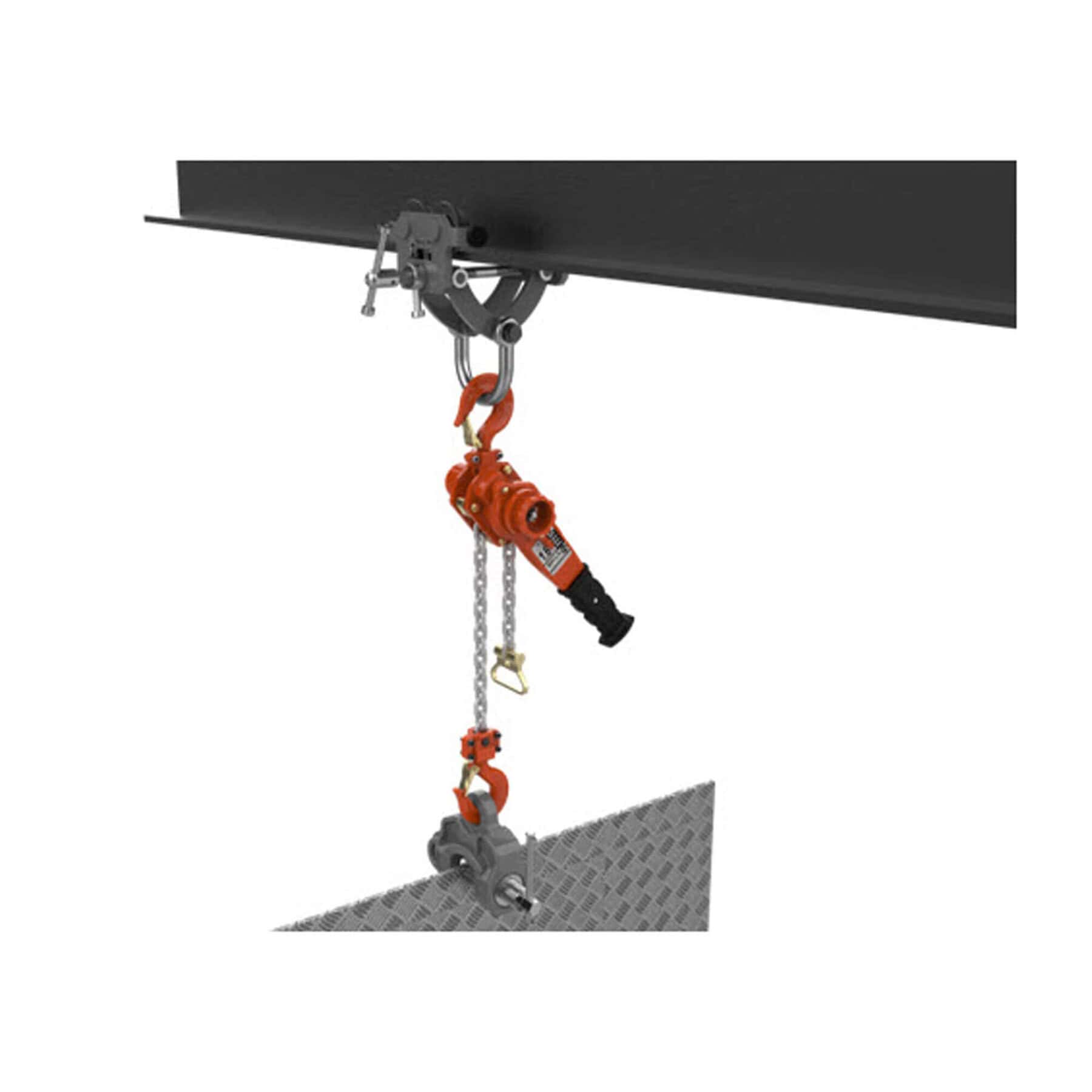 William Hackett L4 lever hoist with chain and hooks attached between a beam clamp and load clamp